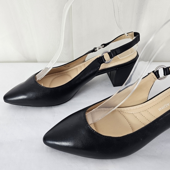Adrienne Vittadini Black Leather Pointed Toe Sling Back Block Heel Size 7.5 - Picture 4 of 12